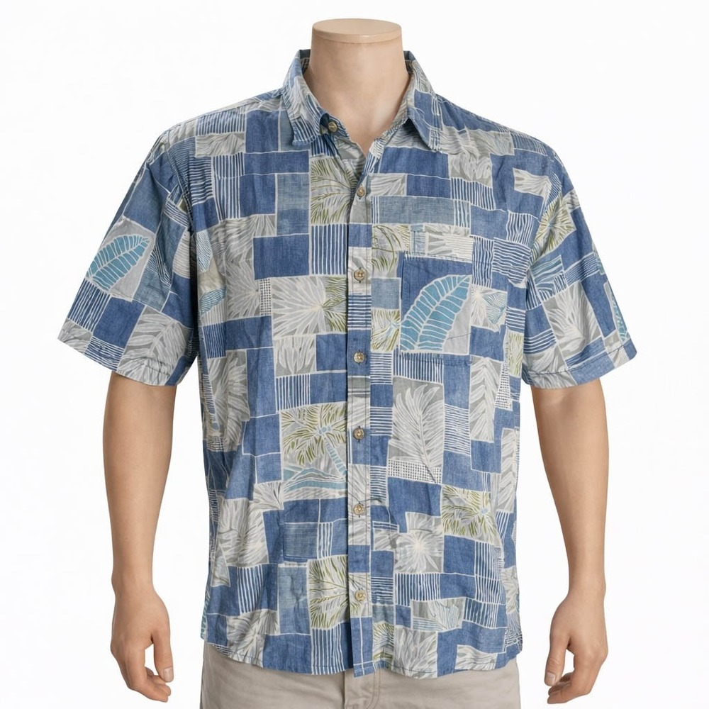 Cooke Street Hawaiian Aloha Shirt Large Floral Collage Palms Reverse Print Blue